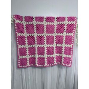 Handmade Crochet Granny Square Blanket Pink‎ White Cozy Throw Afghan